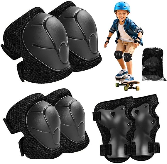 6PCS Black Kids Protective Gear Set Knee Elbow Wrist Pads, Lightweight Breathable Mesh & Hard Shell, Adjustable Straps Safety Pads S Size for Roller Skating Cycling Skateboard