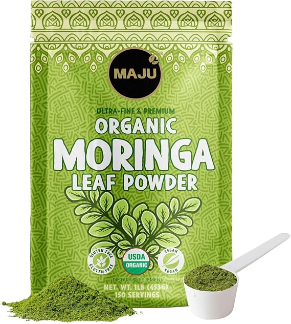 MAJU's Organic Moringa Powder (1 Pound), Oleifera Leaf, Extra-Fine Quality, Dried Drumstick Tree Leaves, For Tea, Smoothies, Food-Grade