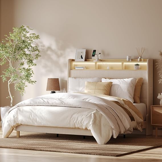 LEXISPOT 51 Queen Bed Frame with LED Light, Charging Station&Storage Shelf