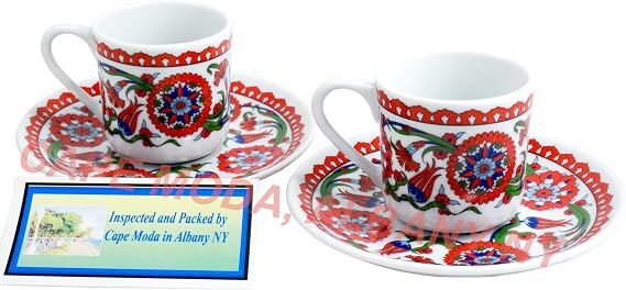 Turkish Arabic Coffee Espresso Cups 4 Pcs Fancy Set Turkish Porcelain Demitasse (SMALL) Size Cups with Saucers, Includes Two Cups and Two Saucers. (Red & White Lily Tulips) Cape Moda Inspected.