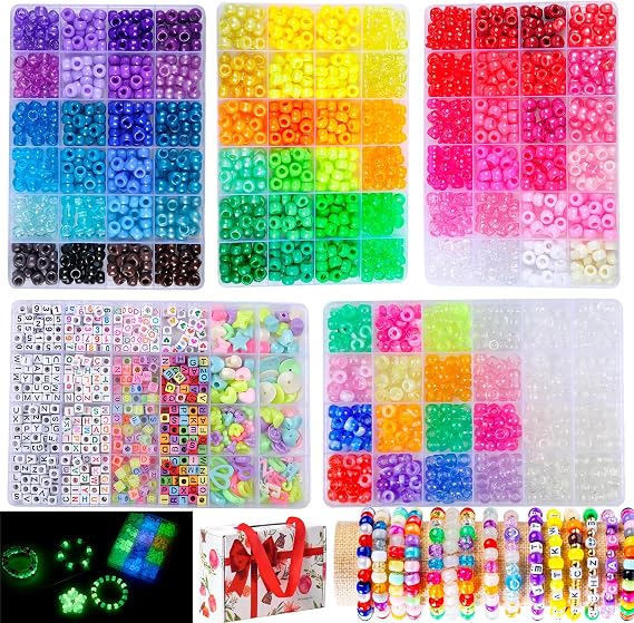 SJZWSD 5 Boxes Bracelet Making Kit Pony Beads, Kandi Beads & Hair Beads Set with UV Color Changing, Glow-in-Dark, Chrome & Alphabet Letters for Friendship Jewelry DIY Crafts