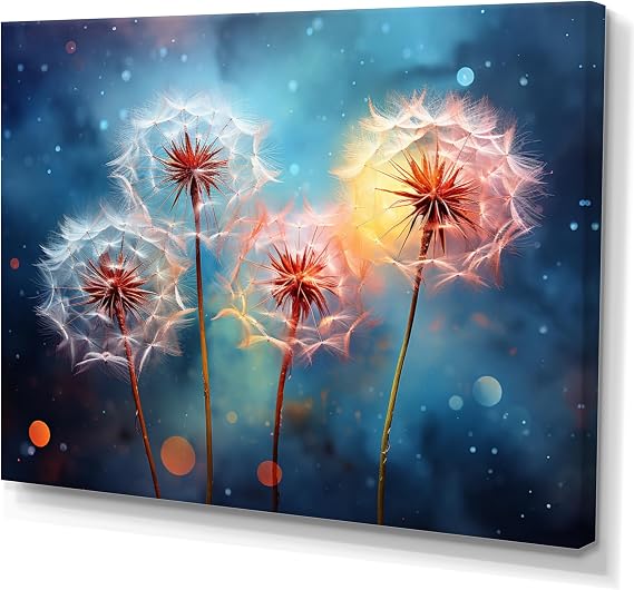 Dandelion Wall art decor, Dandelion Wall Art, Morning Moments with Dandelions I, Teal Large Traditional Canvas wall art, 44x34 inches