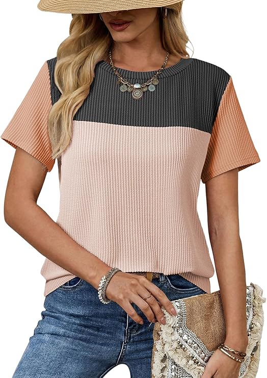Dokotoo Womens Summer Tops 2026 Casual Color Block Womens T Shirts Loose Fit Crewneck Knitted Tops Trendy