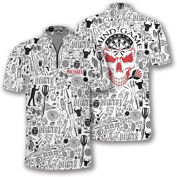 PRIMESTY Skull Darts Quarter Zip Jersey Men, Custom Name Dart Team Shirt, Personalized Dye Sub Darts Jersey S-5XL