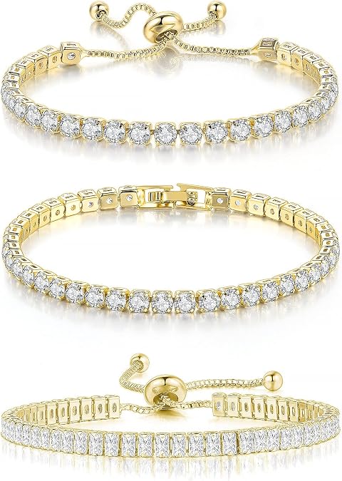 3 Pcs Tennis Bracelets for Women 14K Gold Plated 4mm 5A+ Cubic Zirconia CZ Diamond Classic Adjustable Slider Bracelet Fashion Jewelry Wedding Gift Size 6.5-7.5 Inch