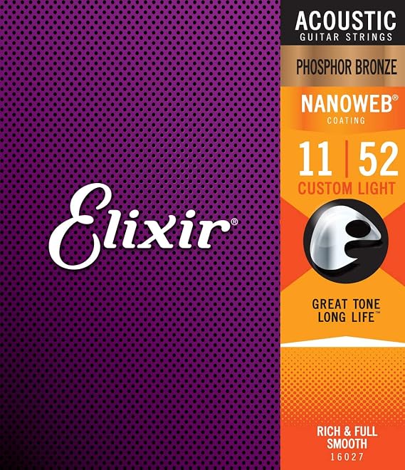 Elixir Strings Phosphor Bronze Acoustic Guitar Strings w NANOWEB Coating, Custom Light (.011-.052)