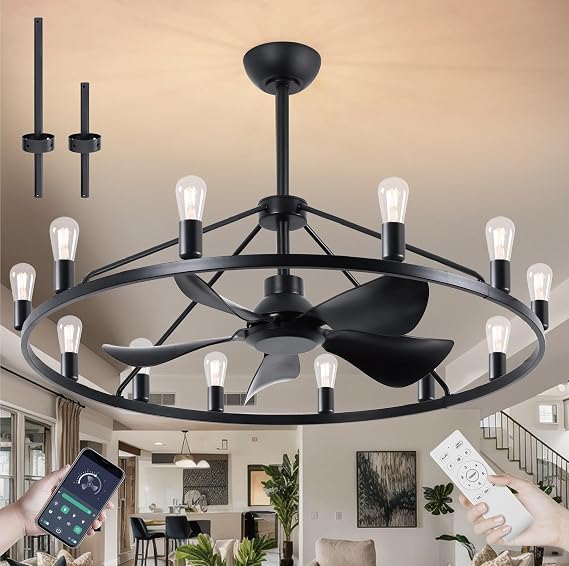 COCOSTAR Wagon Wheel Chandelier with Fan,Farmhouse Ceiling Fan &Remote/APP