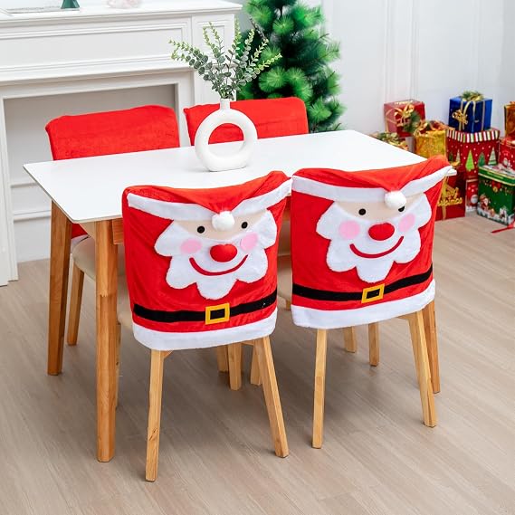 Christmas Chair Back Covers Set of 4, Santa Claus Dining Chair Covers, Kitchen Christmas Decor, Indoor Holiday Party Xmas Decor