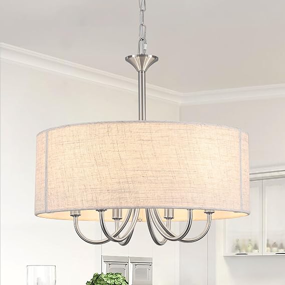 6-Light Nickel Chandelier Living Room, Metal Drum Fabric Shade E14 Dimmable