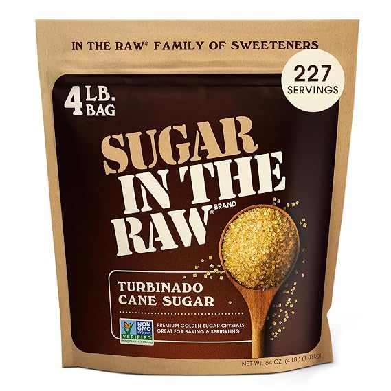 Sugar In The Raw, Granulated Turbinado Cane Sugar Bag, 4 LB | Pure, All-Natural Turbinado Bulk Sugar, Non-GMO Project Verified, Kosher, Vegan and Gluten Free
