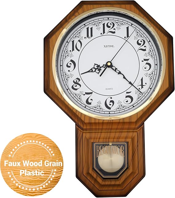 JUSTIME Pendulum Wall Clock with Westminster Chime, 17.5" Large Regulator Schoolhouse Wall Clocks Battery Operated, Vintage Chiming Clock with Nighttime Auto Shut-Off, Wall Decor for Living Room