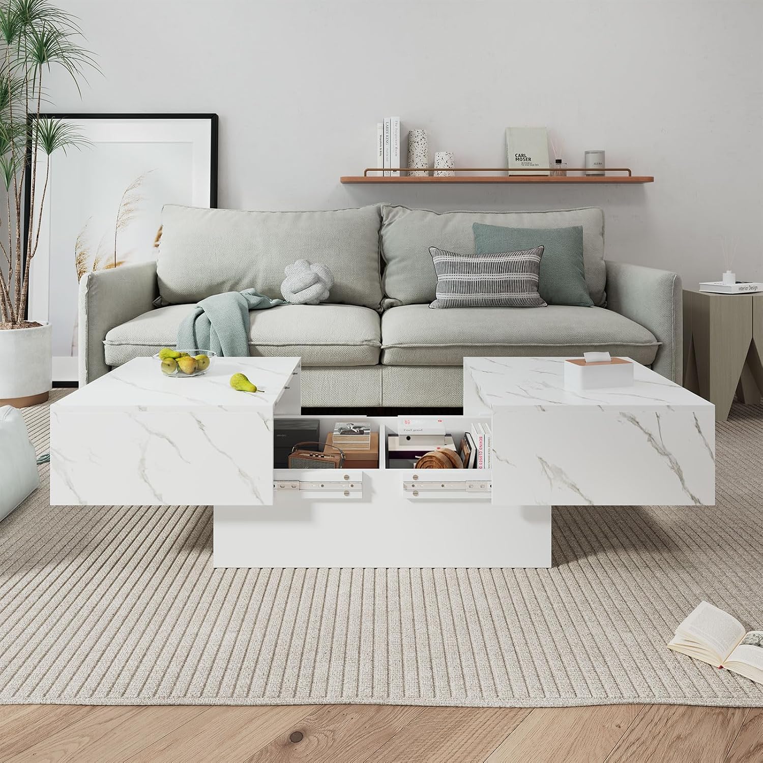 White Marble Coffee Table with Large Storage, Farmhouse Center Table for Living Room Mesas De Centro para Salas Modernas Nesting Modern Coffee Table for Reception Room