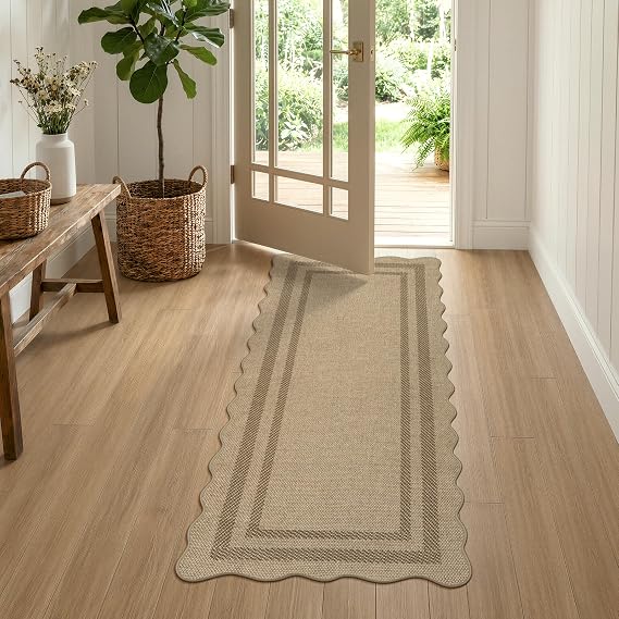 LIVEBOX Scalloped Easy Jute 2x5 Runner Kitchen Rug, Washable Non Slip Tan Rugs for Entryway Hallway, Indoor Outdoor Rug Geometric Farmhouse Carpet Door Mat Runners for Porch Bedroom Laundry Room