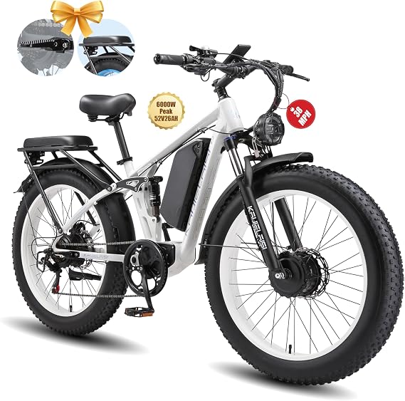 Electric Bike for Adults, 38MPH 6000W Peak 26 Fat Tire Dirtbike, AWD Ebike Dual Motor, 52V 26AH Battery Dual Hydraulic Brake Electric Mountain Bike Full Suspension Ebikes