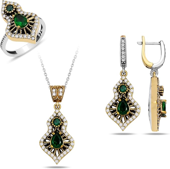 Minimalist 925 Sterling Silver Jewelry Set with Emerald Stones - Elegant Ottoman Design Necklace, Earrings, Ring - Unique Gift Idea
