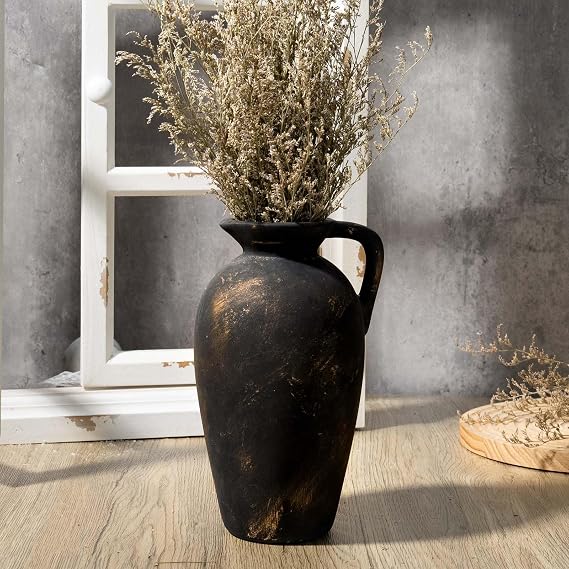 Rustic Ceramic Flower Vase with 1 Handle, Small Decorative Terracotta Boho Vase for Living Room, Table Centerpiece, Shelf Decor, Farmhouse, Entryway - 8.8 Inch Tall, Vintage Black