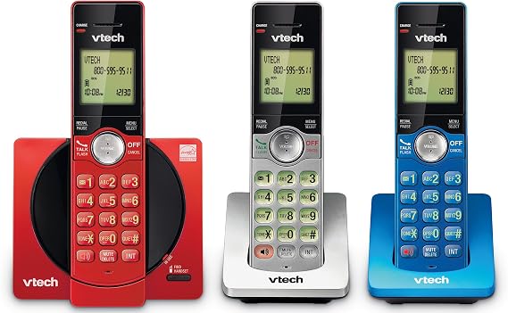 VTech CS6919-3A 3-Handset Cordless Phone, Red/Blue/Silver