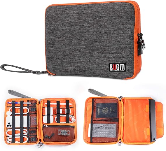Three Layer Electronics Organizer and Travel Organizer for Tablet, Cables, and Chargers. Size XL Fit up to 10" Tablets. (Grey and Bright Orange)
