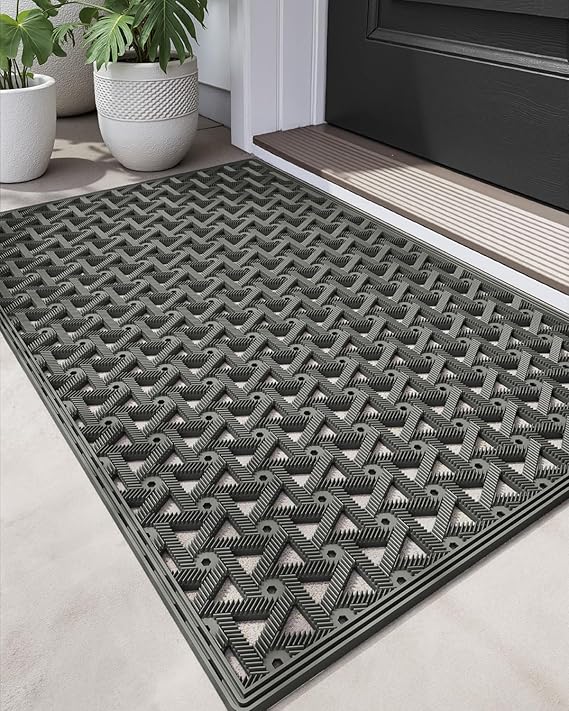 DEXI Front Door Mat Outside Entrance Rubber Floor Doormat, 24x36 Grey | Welcome Heavy Duty Non Slip, Dirt Trapper Waterproof Exterior Entry Mats All Weather for Patio Entryway Drainage