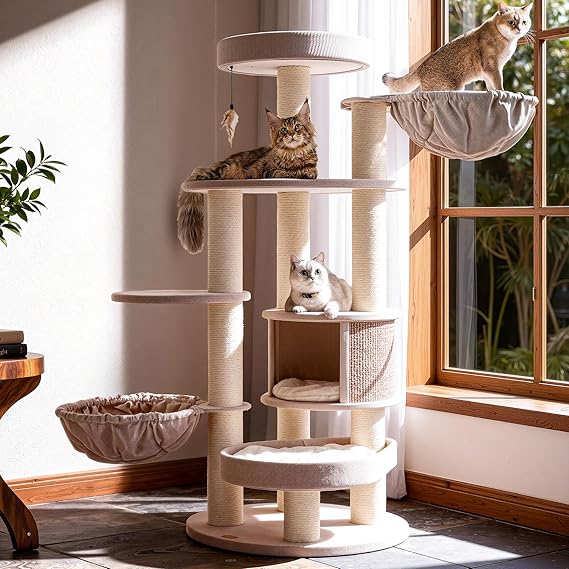 Extra Large Cat Tree for Large Cats, 65 Inch Heavy Duty Cat Tree Tower for Maine Coon & Multi-Cat Families, XXL Multi-Level Cat Furniture with Hammock, Condo, Sisal Scratching Posts, Beige