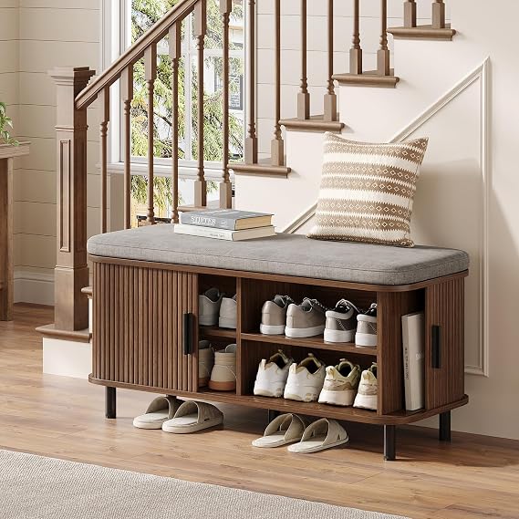Maupvit Shoe Storage Bench with Smooth Fluted Sliding Doors, 2 Tier Hidden Shoe Organizer Cabinet, Adjustable Shelf & Comfy Cushion Seat for Entrance, Mudroom, Front Door, 39" W Shoe Rack Bench Walnut