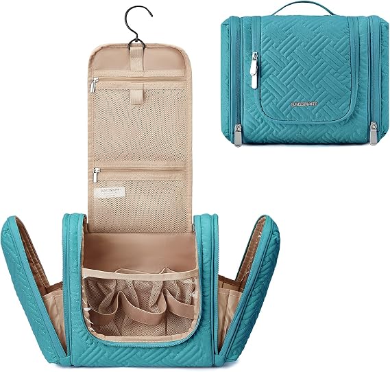 BAGSMART Hanging Toiletry Bag for Women with Hanging Hook, Medium, Blue | Travel Cosmetic Makeup Bag, Water-resistant Dopp kit Shaving Bag for Full Sized Container, Toiletries, Shampoo