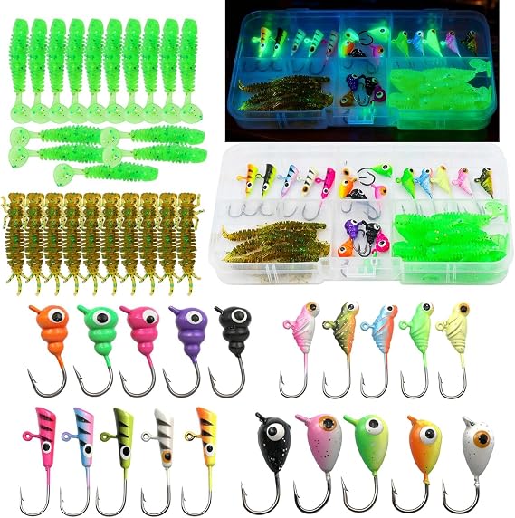 9KM DWLIFE Ice Fishing Jigs Kit, Glow Jig Heads for Walleye Ice Fishing