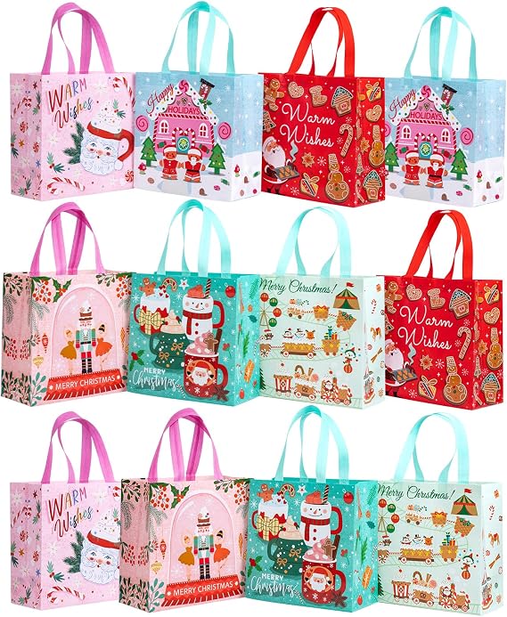 WRAPAHOLIC 12 Pack Reusable Christmas Gift Bag with Handles - Medium Size 10.5 x 5 x 10.5 inch - Xmas Pink and Green Design, Perfect for Christmas Gift Bags, Party Favor Bags