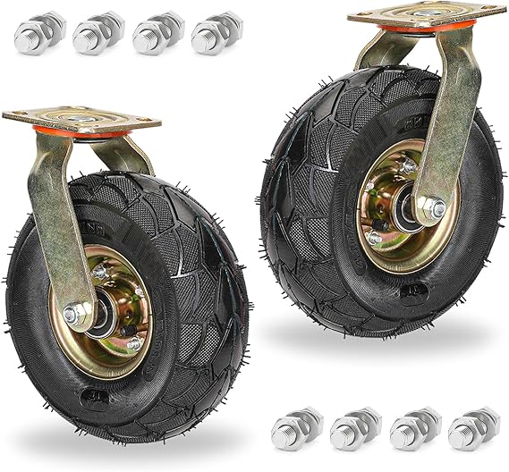 2 Pack 8in 10in Heavy Duty Caster Trolley Industrial Transport Wheel, Moving Silent Shock Absorption Air Filled Pneumatic Wheel, With Brakes Replacement Casters (Color : Swivel, Size : 250mm/10in)