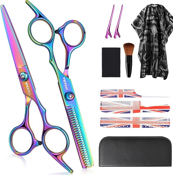 Professional 11pcs Hair Cutting Scissors Kit with Thinning Shears, Comb, Clips, Cape,Brush- Barber and Hair Scissors Set for Men & Women, Salon & Home haircut scissors