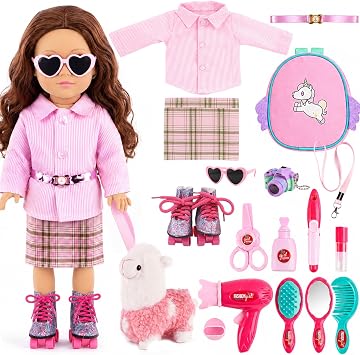 American 18 Inch Doll Accessories with Pet Alpaca, Doll Makeup Accessories, Hair Styling Tools, Backpack, Roller Skates, Camera, Sunglasses, 19 Pcs Pink Outfit Set for 18" Dolls (NO Doll)