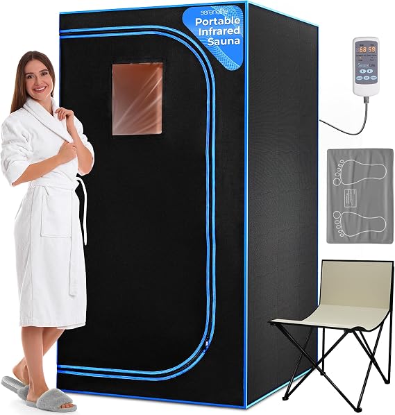 SereneLife Portable Infrared Steam Sauna Tent – 1 Person Indoor Home Sauna with Foot Heating Pad, Folding Chair & Remote Control Perfect to Unwind Detox or Weightloss