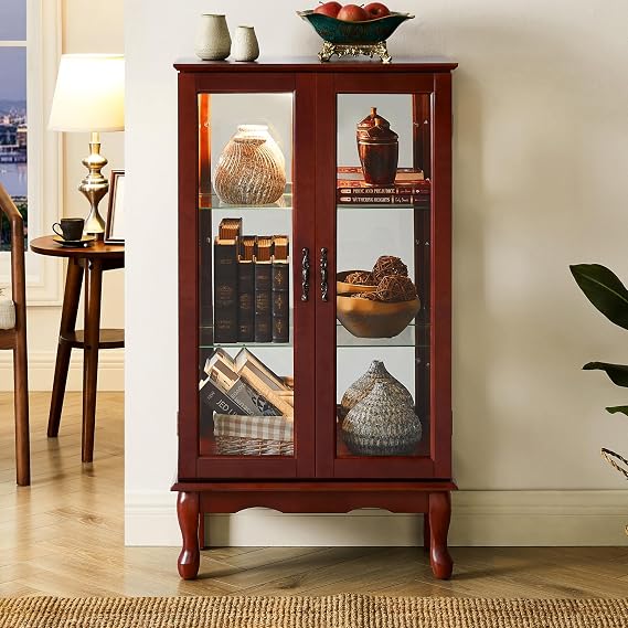 Lighted Display Cabinet Curio Cabinet with Glass Doors and Adjustable Shelves,3-Tier Curio Showcase Collection Art Display Case with Mirrored Back for Bar Living Room Kitchen Pantry (Cherry)