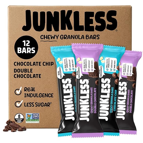 JUNKLESS Double Chocolate & Chocolate Chip Chewy Granola Bars, 12 Bars | Gluten Free, Non-GMO chewy granola bars made with real simple ingredients and less sugar. Great for lunch boxes and snacks.