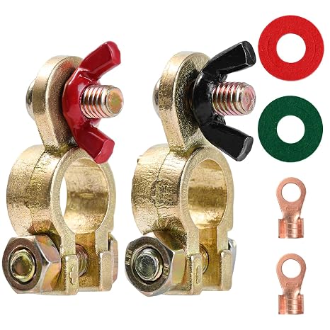 1 Pair Solid Brass Marine Battery Terminal Connectors Top Post for 12V 24V Automotive Boat Car RV Accessories Battery Terminals Wire Cable Ends Pure Copper Clamp Release with Anti-Corrosion Pad