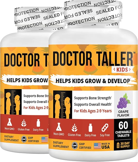 Doctor Taller Kids by NuBest - Support Healthy Growth of with Multivitamins and Multiminerals for Ages 2 to 9 Grape Flavor 120 Vegan Chewable Tablets | Month Supply White