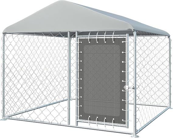 6FT x 6FT Outdoor Dog Kennel with Roof, Outside Dog Run Fence, Large Dog House Pen Enclosure with Secure Lock&Textilene Door