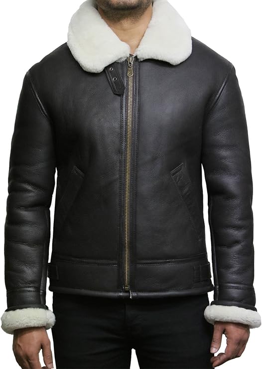 Brandslock Mens Real Shearling Sheepskin Leather Flying Aviator Bomber Jacket