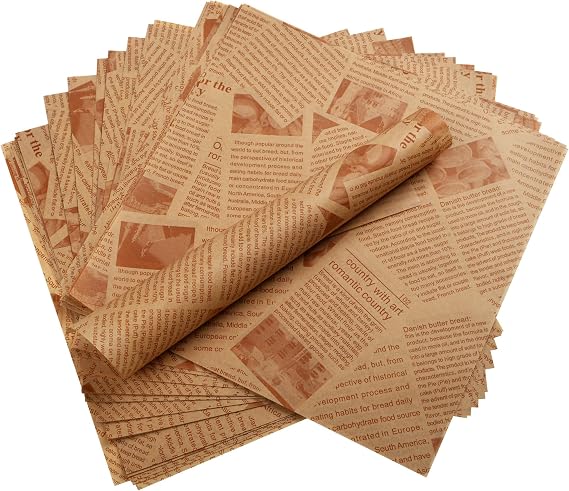 200 Pcs Deli Wax Paper Sheets 10 x 10 Inch Old Newspaper Style Printed Greaseproof Deli Paper for Wrapping Breads Burgers French Fries Sandwiches (Brown)
