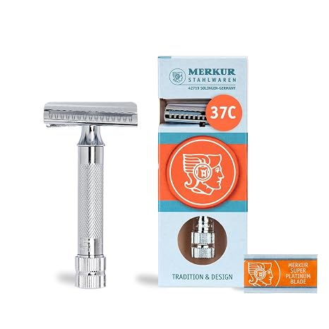 MERKUR Safety Razor 37C Bevel Cut Gloss Chrome Two Piece Razor with Oblique Cut Closed Comb Ideal for Wet Shaving Die-Cast Zinc Brass Handle Made in Germany