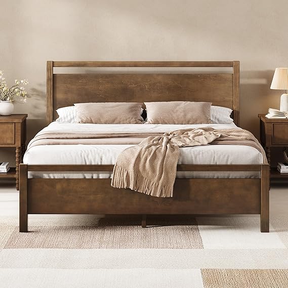 AMERLIFE Minimalist Queen Size Solid Wood Bed Frame with Headboard | Platform Bed with Wooden Slats Support/No Box Spring Needed/Easy Assembly/Noise-Free, Dark Brown