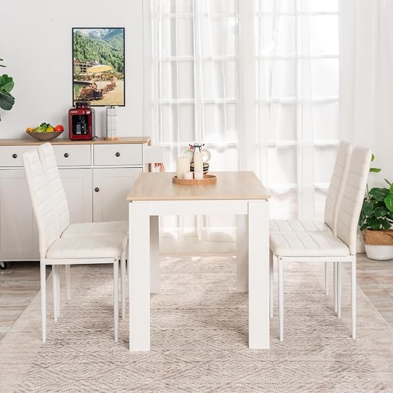 Dining Table with 4 Chairs Dining Room Group Set of 4 Dining Room Chairs and Rectangular Wooden Table Dining Set for Living Room Kitchen Office (Oak White Table + 4 White Chairs)