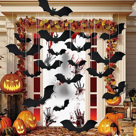 18PCS Hanging Bats Halloween Decorations Realistic Fake Hanging Flying Bats