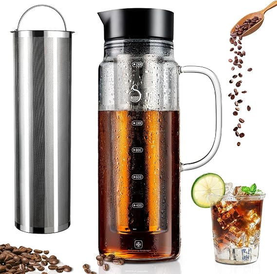 SAMBANGAN Cold Brew Coffee Maker Glass Pitcher with Stainless Steel Double Mesh Filter (1500ml)