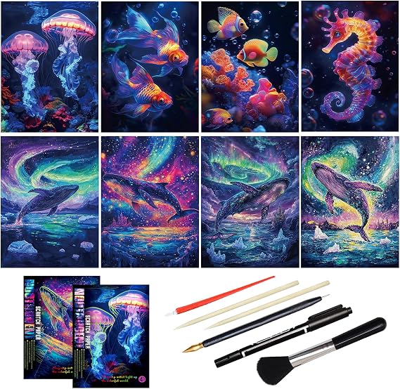 Scratch Art Adult DIY Paint by Scratch Rainbow Scratch Paper Art Colorful Sketches Scratch with 5 Scratch Tool for DIY Craft Gift(Ocean World)