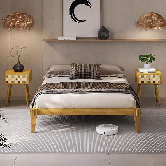 Bme Chalipa 14 Queen Bed Frame - Solid Wood Platform Bed - Japanese Joinery Bed Frame - Wood Slat Support - No Box Spring Needed - Easy Assembly - Minimalist & Modern Style, Golden Natural