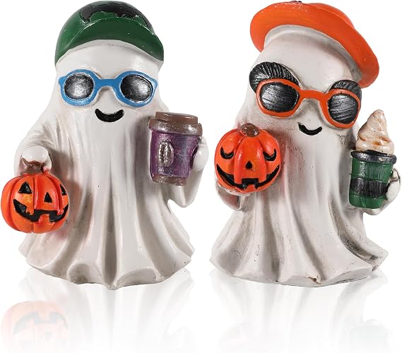 GoGnome Halloween Decorations Resin Ghost Figurines with Pumpkins and Coffee Cups Ice Cream Set of 2 Festive Decor (White)