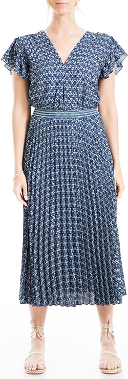 Max Studio Women's Crepe Short Sleeve Pleated Midi Dress