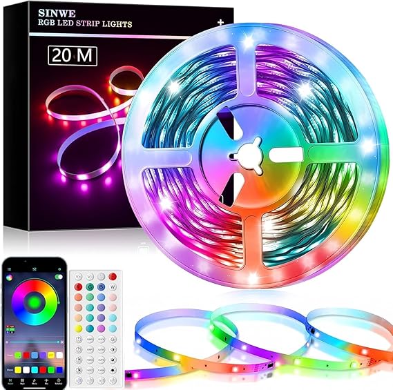 SINWE 65.6FT(20M) LED Strip Lights with App Control, Remote and Music Sync [Energy Class A]
