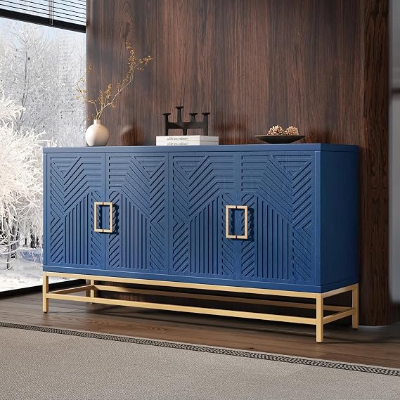 60" Sideboard Buffet Cabinet with Storage,Doors& Gold Handles, Wood Modern Sideboard Accent Cabinet,Console Table for Living Room,Hallway,Entryway (Navy Blue)
